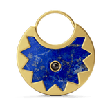 Sunburst Huggie Earrings in 14k gold plate, close-up of the lapis half-sun with its black onyx center