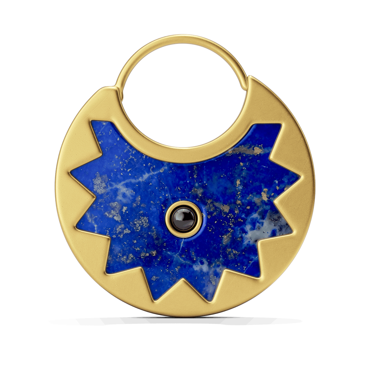 Sunburst Huggie Earrings in 14k gold plate, close-up of the lapis half-sun with its black onyx center