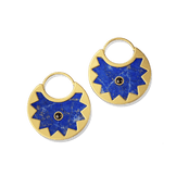 Sunburst Huggie Earrings in 14k gold plate with a lapis half-sun and black onyx center on a slim hoop, front view