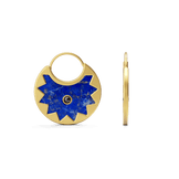 Sunburst Huggie Earrings in 14k gold plate with a lapis half-sun and black onyx center on a slim hoop, side view
