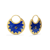 Sunburst Huggie Earrings in 14k gold plate with a lapis half-sun and black onyx center on a slim hoop, three-quarter view
