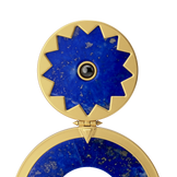 Sunburst Statement Earrings in 14k gold plate, close-up of the lapis sun and the open lapis disc below