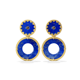 Sunburst Statement Earrings in 14k gold plate with a lapis sun and black onyx center over an open lapis disc, front view