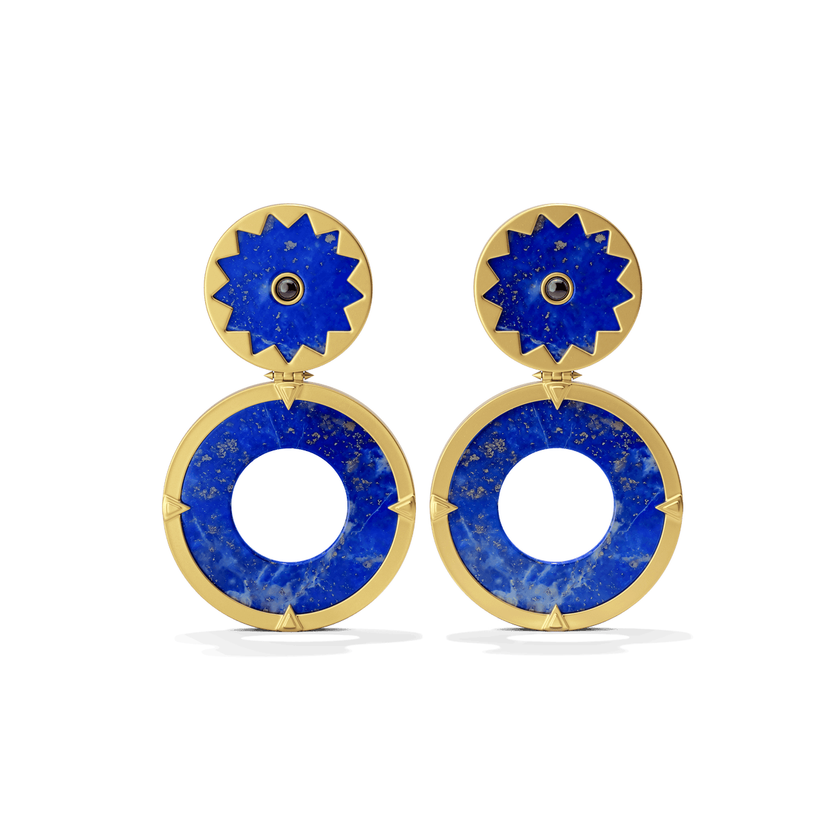 Sunburst Statement Earrings in 14k gold plate with a lapis sun and black onyx center over an open lapis disc, front view