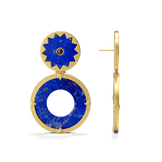 Sunburst Statement Earrings in 14k gold plate with a lapis sun over an open lapis disc, side view