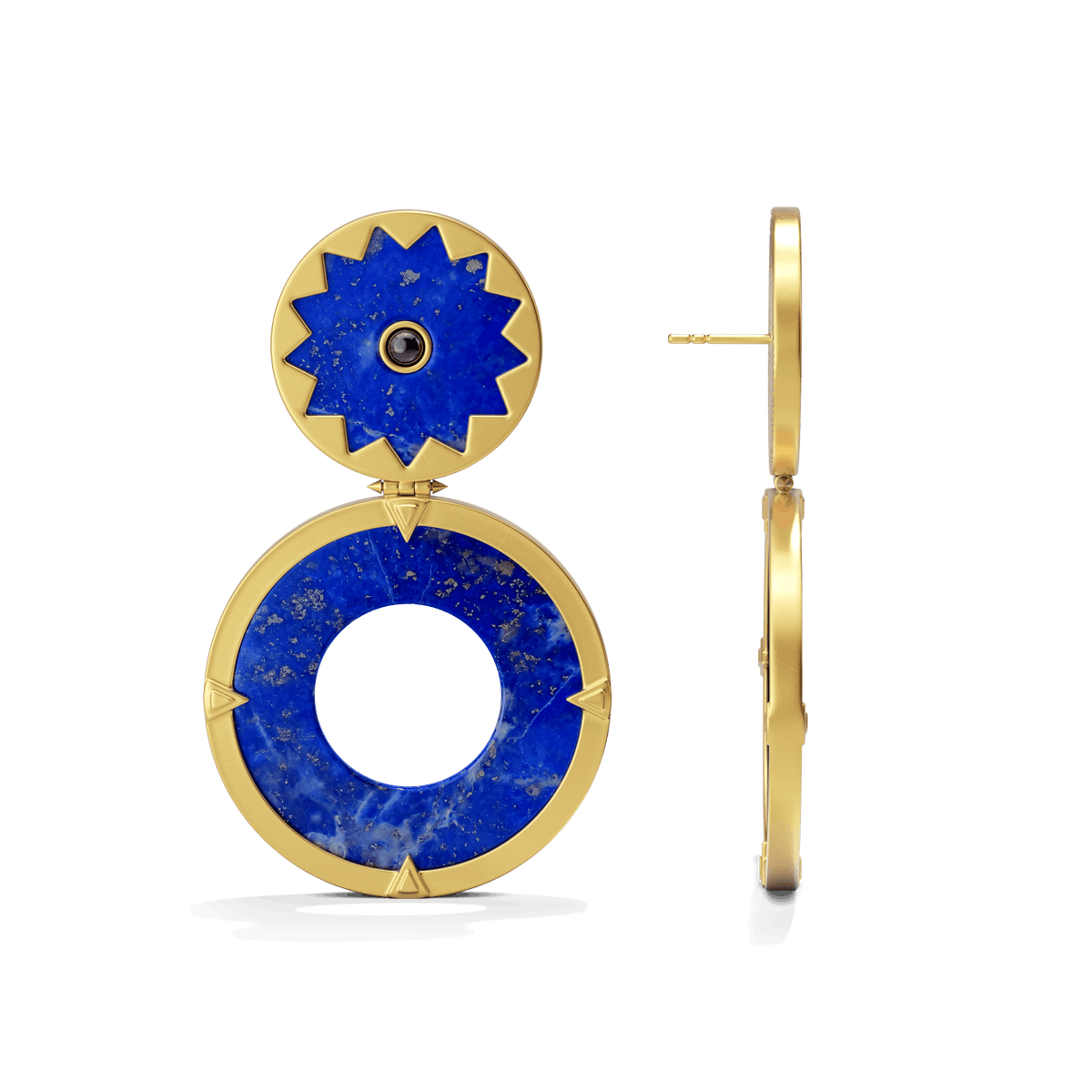 Sunburst Statement Earrings in 14k gold plate with a lapis sun over an open lapis disc, side view