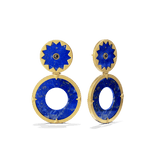 Sunburst Statement Earrings in 14k gold plate with a lapis sun and black onyx center over an open lapis disc, three-quarter view