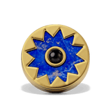 Sunburst Stud Earrings in 14k gold plate, close-up of the lapis sun medallion with its black onyx center