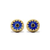Sunburst Stud Earrings in 14k gold plate with a lapis sun medallion and black onyx center, front view