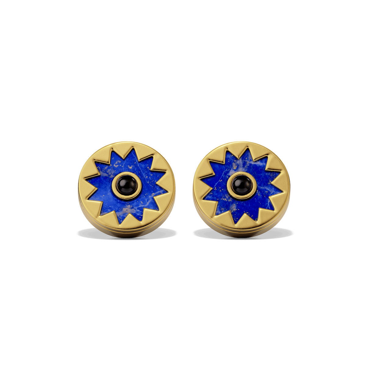 Sunburst Stud Earrings in 14k gold plate with a lapis sun medallion and black onyx center, front view