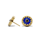 Sunburst Stud Earrings in 14k gold plate with a lapis sun medallion and black onyx center, side view