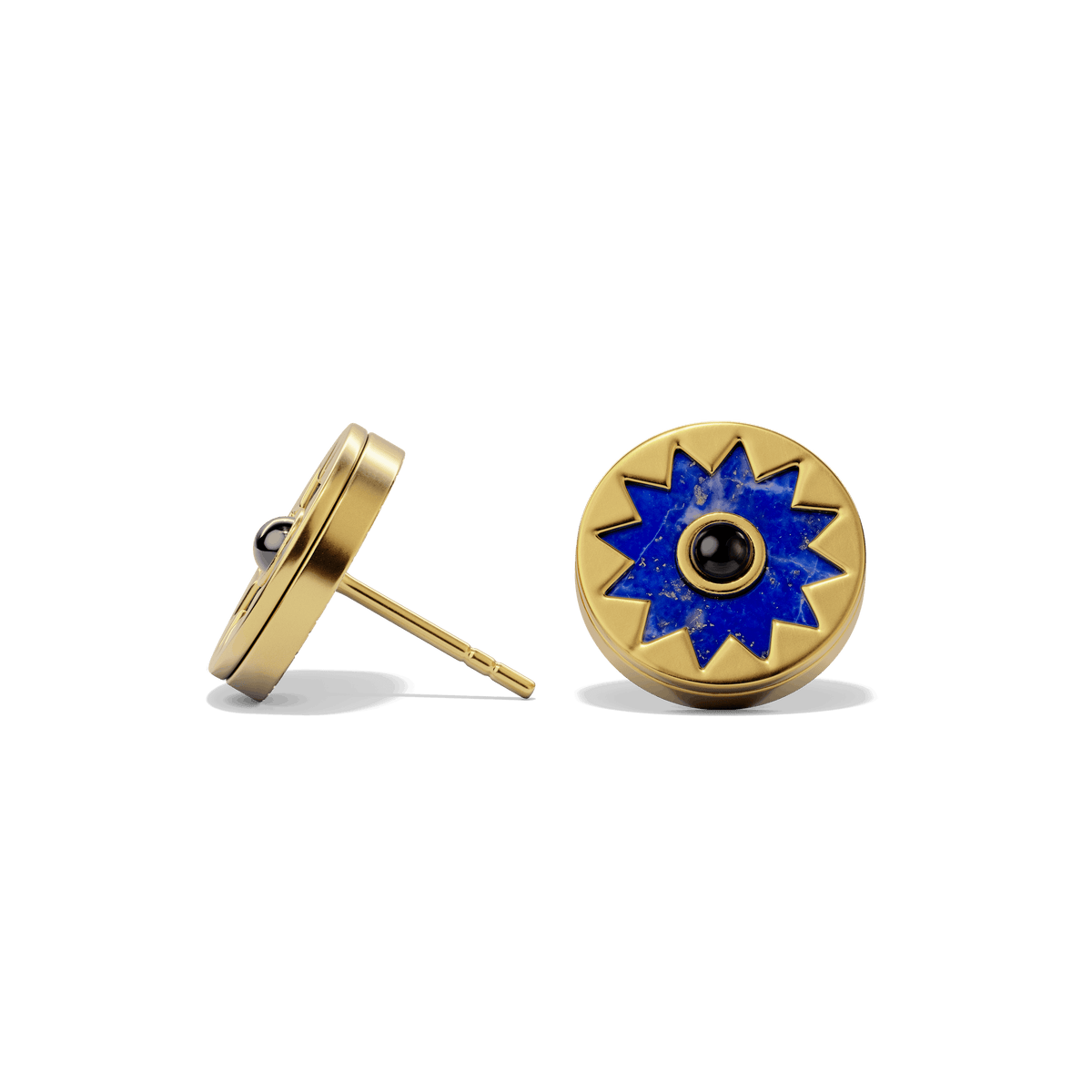 Sunburst Stud Earrings in 14k gold plate with a lapis sun medallion and black onyx center, side view