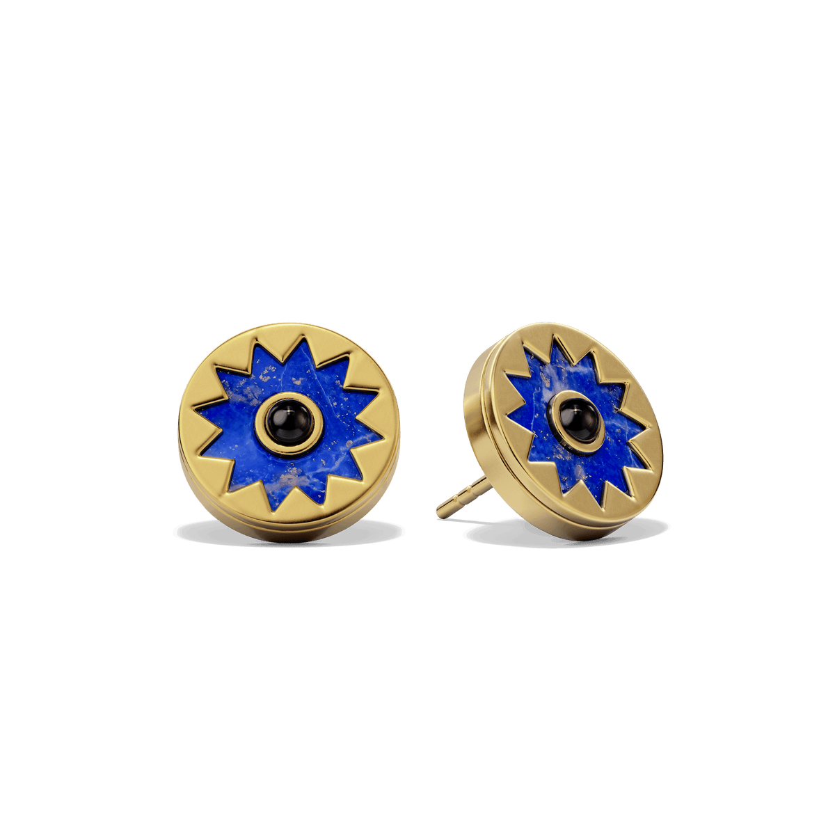Sunburst Stud Earrings in 14k gold plate with a lapis sun medallion and black onyx center, three-quarter view