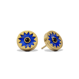 Sunburst Stud Earrings in 14k gold plate with a lapis sun medallion and black onyx center, three-quarter view