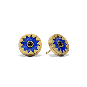 Sunburst Stud Earrings in 14k gold plate with a lapis sun medallion and black onyx center, three-quarter view #color_14k Gold Plated Sterling Silver