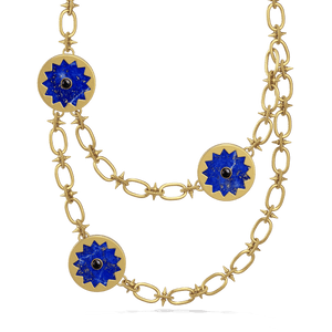 Sunburst Layering Necklace in 14k gold plate with three lapis sun medallions and black onyx centers on a spiked link chain, front view #color_14k Gold Plated Sterling Silver