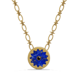 Sunburst Pendant Necklace in 14k gold plate with a lapis and black onyx sun medallion on a spiked link chain, front view