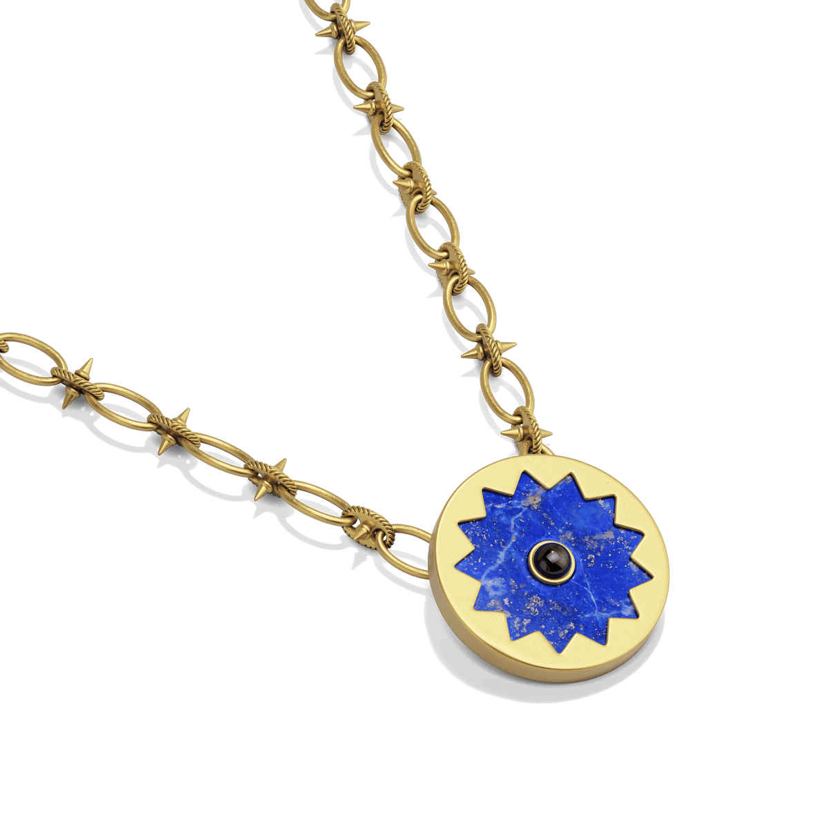 Sunburst Pendant Necklace in 14k gold plate with a lapis and black onyx sun medallion, three-quarter view