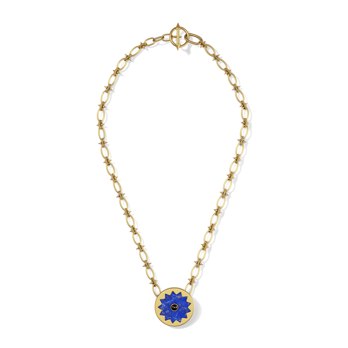 Sunburst Pendant Necklace in 14k gold plate with a lapis and black onyx sun medallion, top view