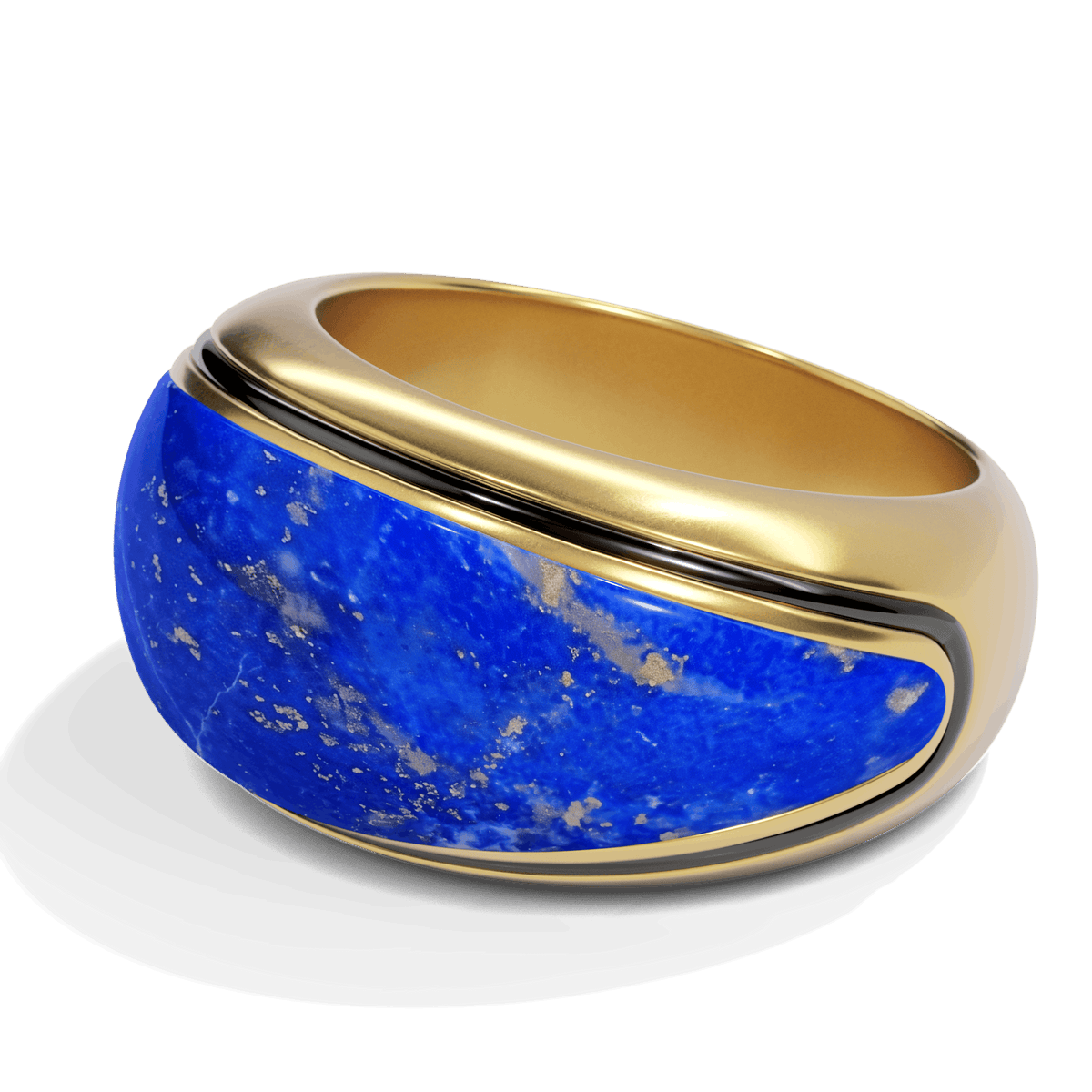 Sunburst Cocktail Ring in 14k gold plate, close-up of the lapis dome and its gold and black band