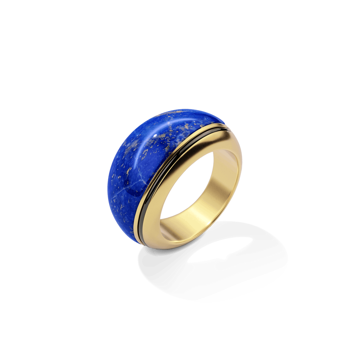 Sunburst Cocktail Ring in 14k gold plate with a smooth lapis dome, upright three-quarter view