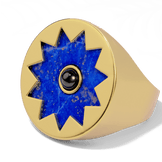 Sunburst Signet Ring in 14k gold plate, close-up of the lapis sun with its black onyx center on the signet face