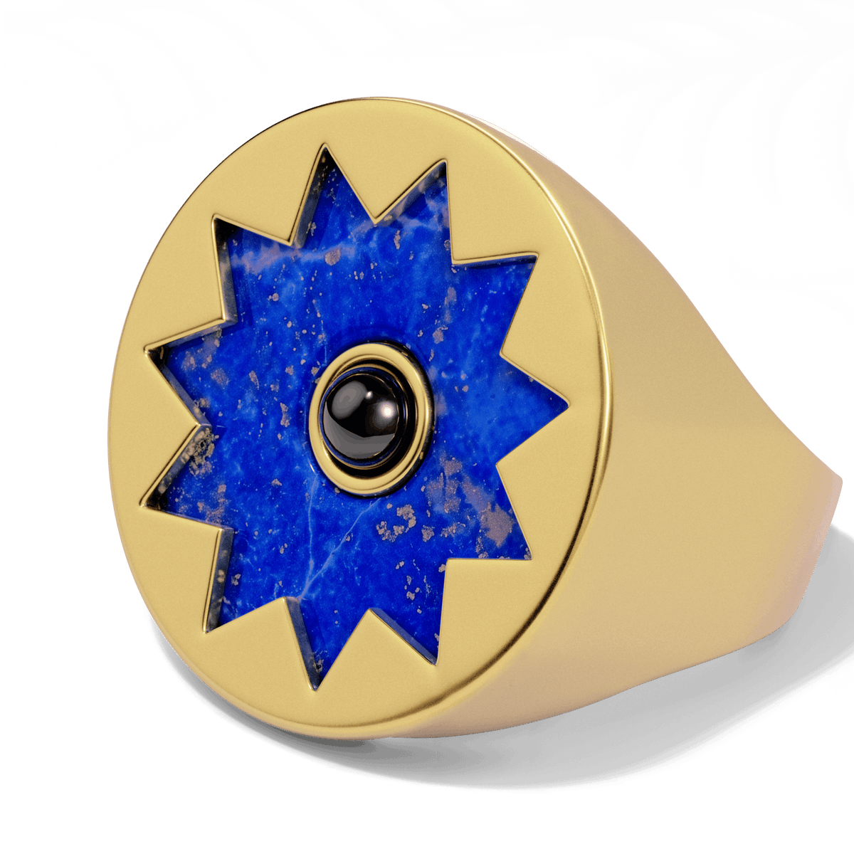 Sunburst Signet Ring in 14k gold plate, close-up of the lapis sun with its black onyx center on the signet face