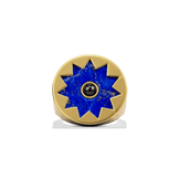 Sunburst Signet Ring in 14k gold plate with a lapis sun and black onyx center on a flat signet face, front view