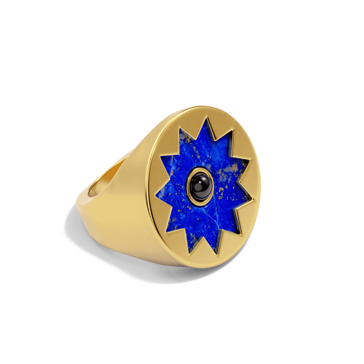 Sunburst Signet Ring in 14k gold plate with a lapis sun and black onyx center on a flat signet face, three-quarter view