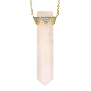 Rose Quartz  Vertical Pendant Diamond Crown Necklace