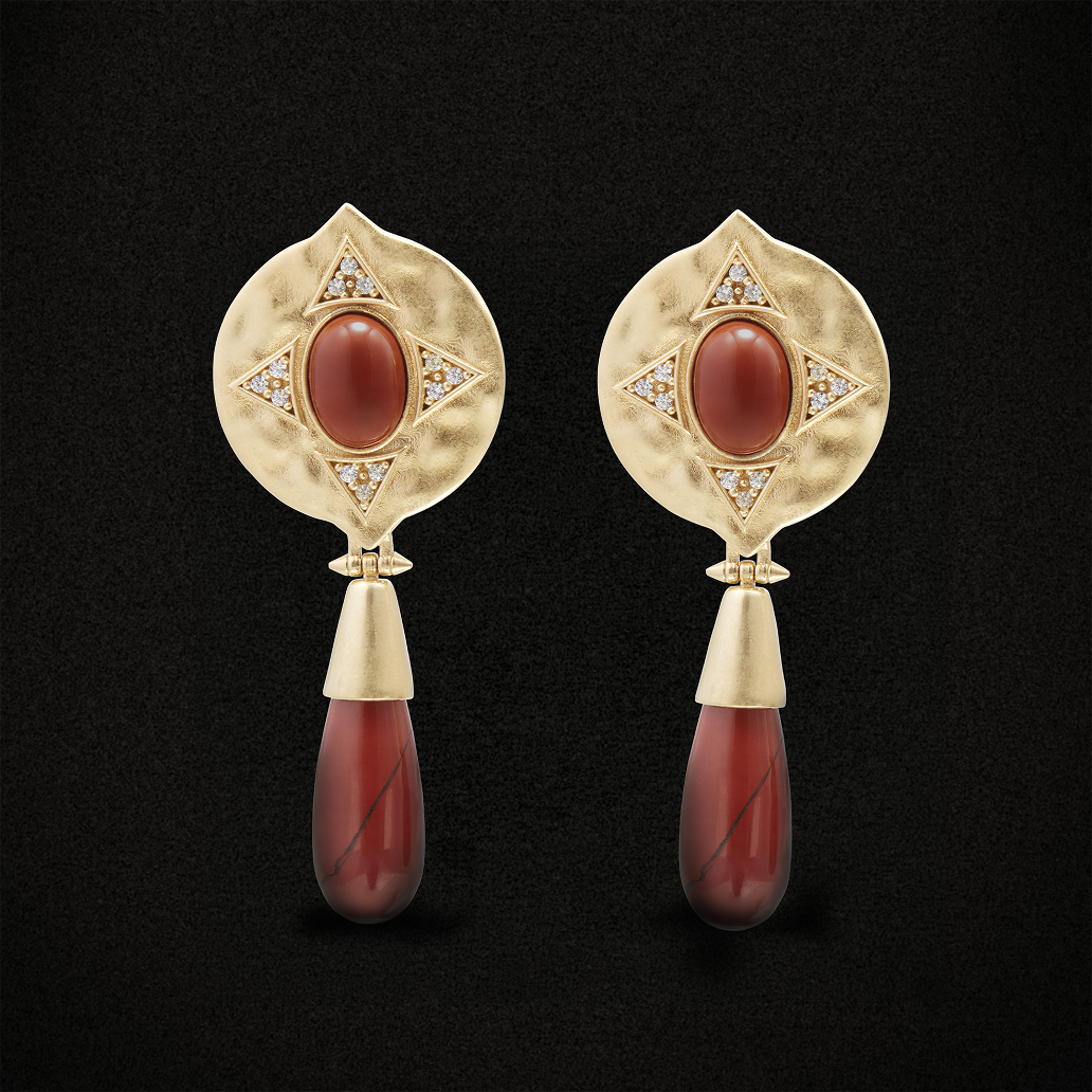 House of Harlow Hathor Teardrop Earrings in 14k gold plated silver, set with red jasper cabochons and matching teardrops.