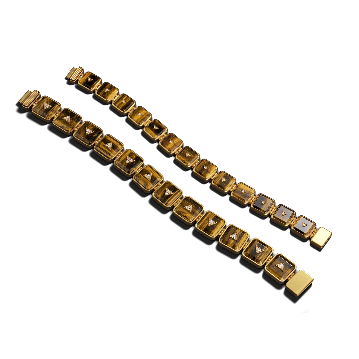 Petite Nova Stacker Bracelet above the Nova Crystal Stacker Bracelet, both in tiger's eye and 14k gold, showing the difference in width