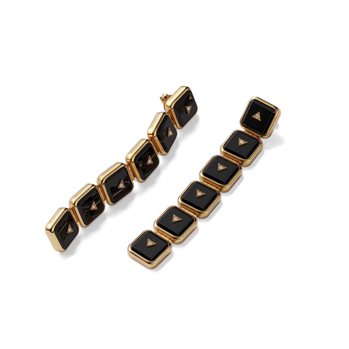 House of Harlow Nova Stacker Drop Earrings in 14k gold with black onyx and white diamonds, flat lay