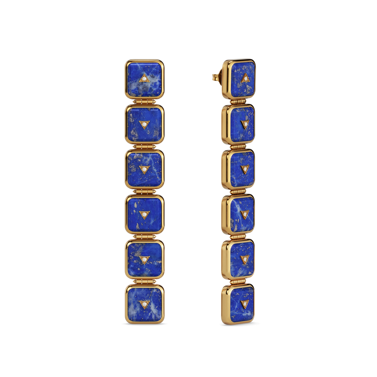 House of Harlow Nova Stacker Drop Earrings in 14k gold with blue lapis and white diamonds, three-quarter view