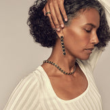 Model in profile wearing the Nova Stacker Drop Earrings in black onyx with the Nova Collar Necklace