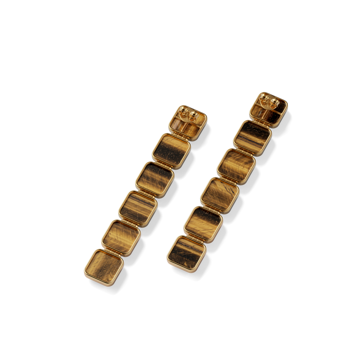 House of Harlow Nova Stacker Drop Earrings in 14k gold with tiger's eye and white diamonds, back view