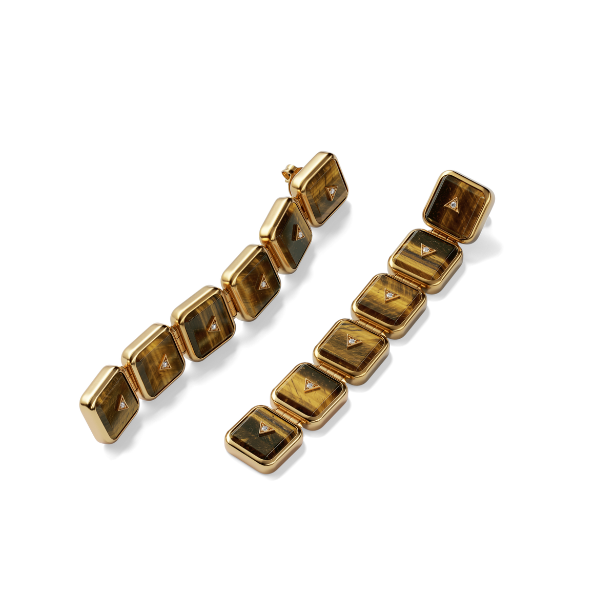 House of Harlow Nova Stacker Drop Earrings in 14k gold with tiger's eye and white diamonds, flat lay