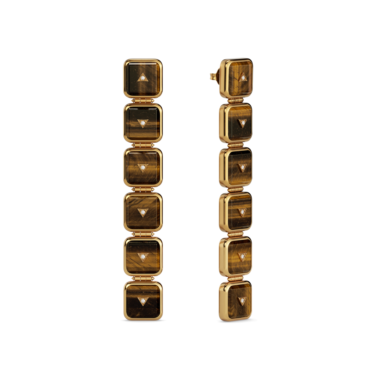 House of Harlow Nova Stacker Drop Earrings in 14k gold with tiger's eye and white diamonds, three-quarter view