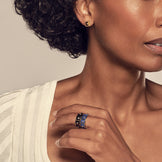 Nova Stacker Ring in blue lapis stacked with the black onyx, worn on the hand