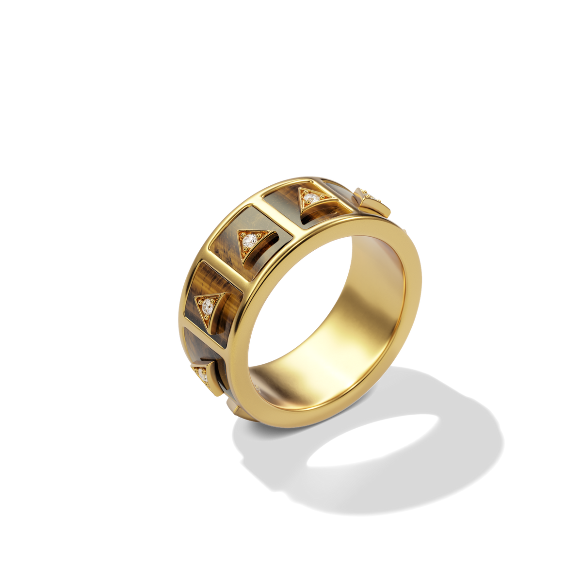 Nova Stacker Ring in 14k yellow gold with tiger's eye, upright three-quarter view