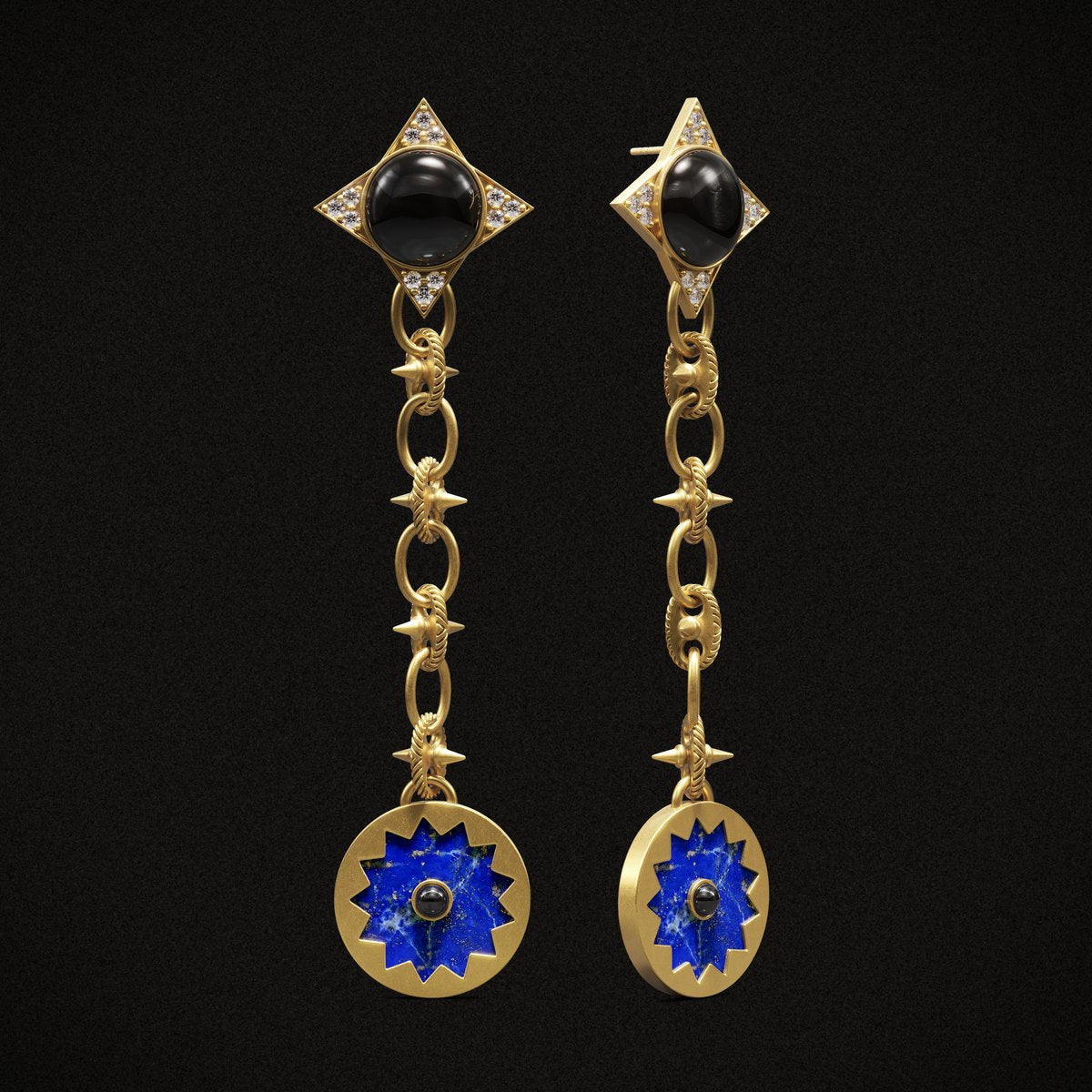 Sunburst Drop Earrings, gold with blue lapis, on black