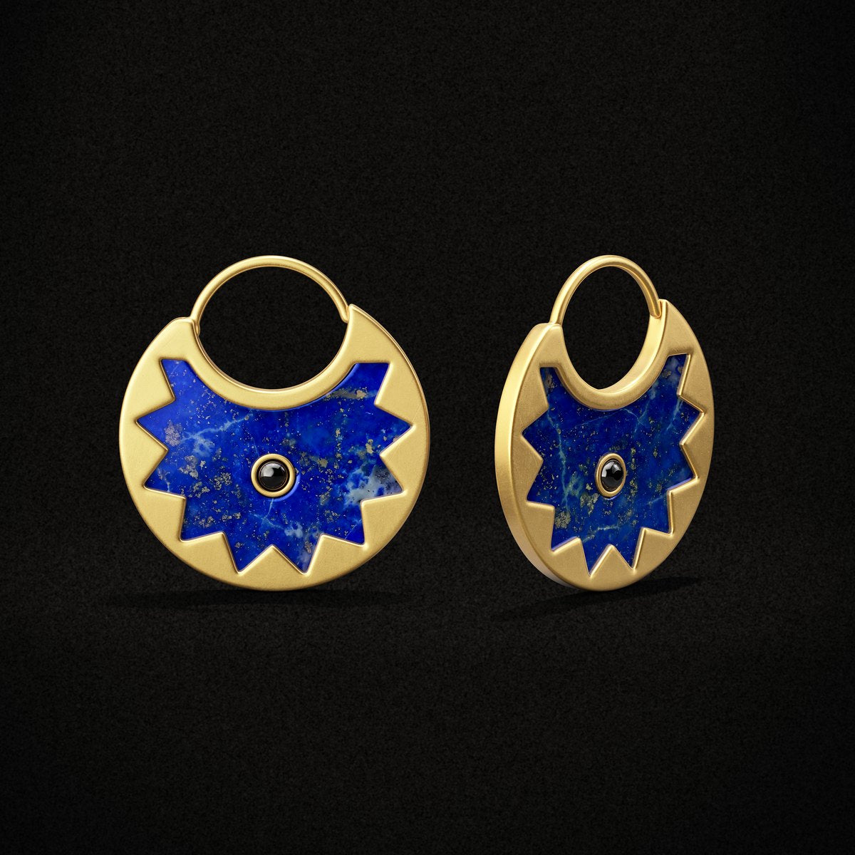 Sunburst Huggie Earrings, gold with blue lapis, on black