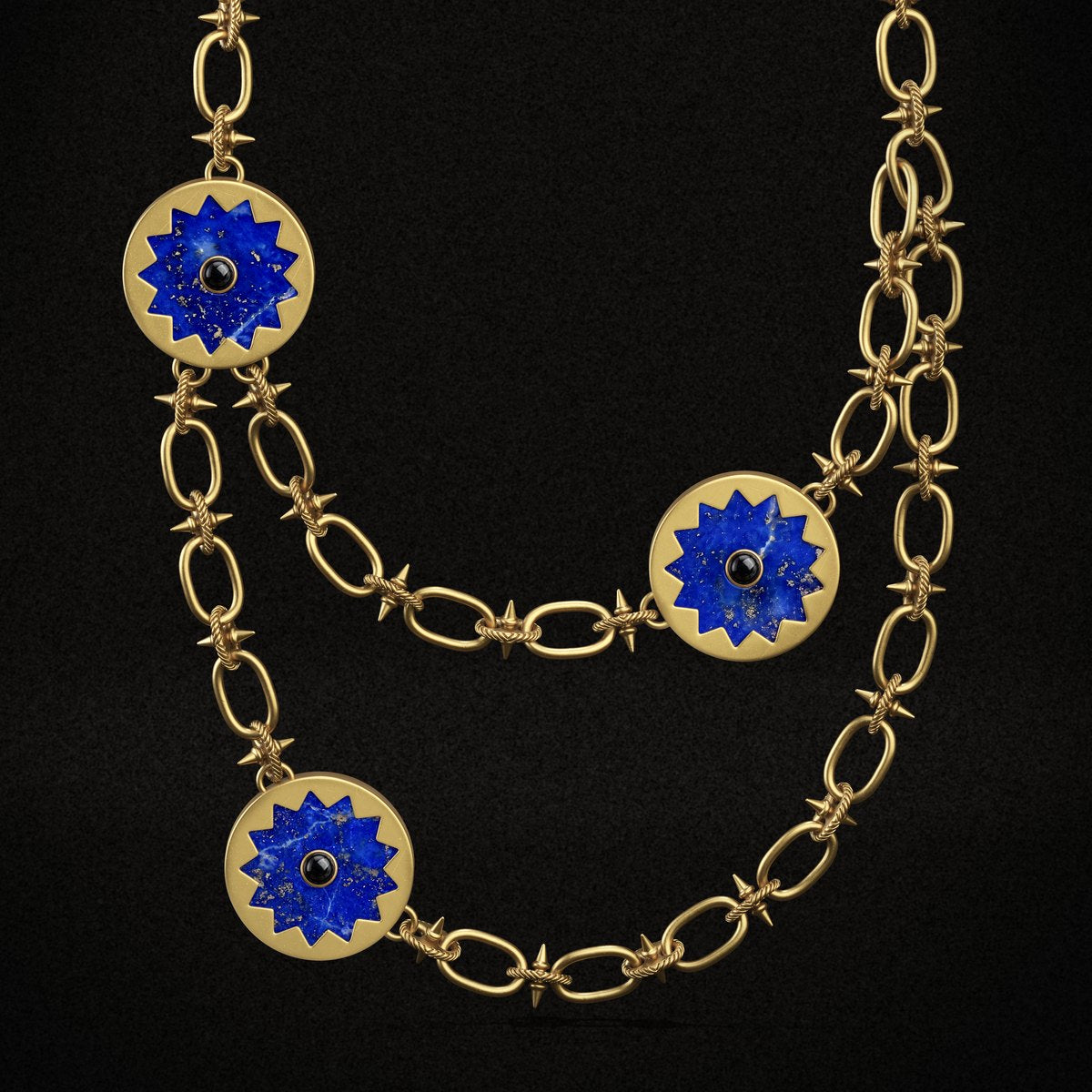 Sunburst Layering Necklace, gold with blue lapis, on black