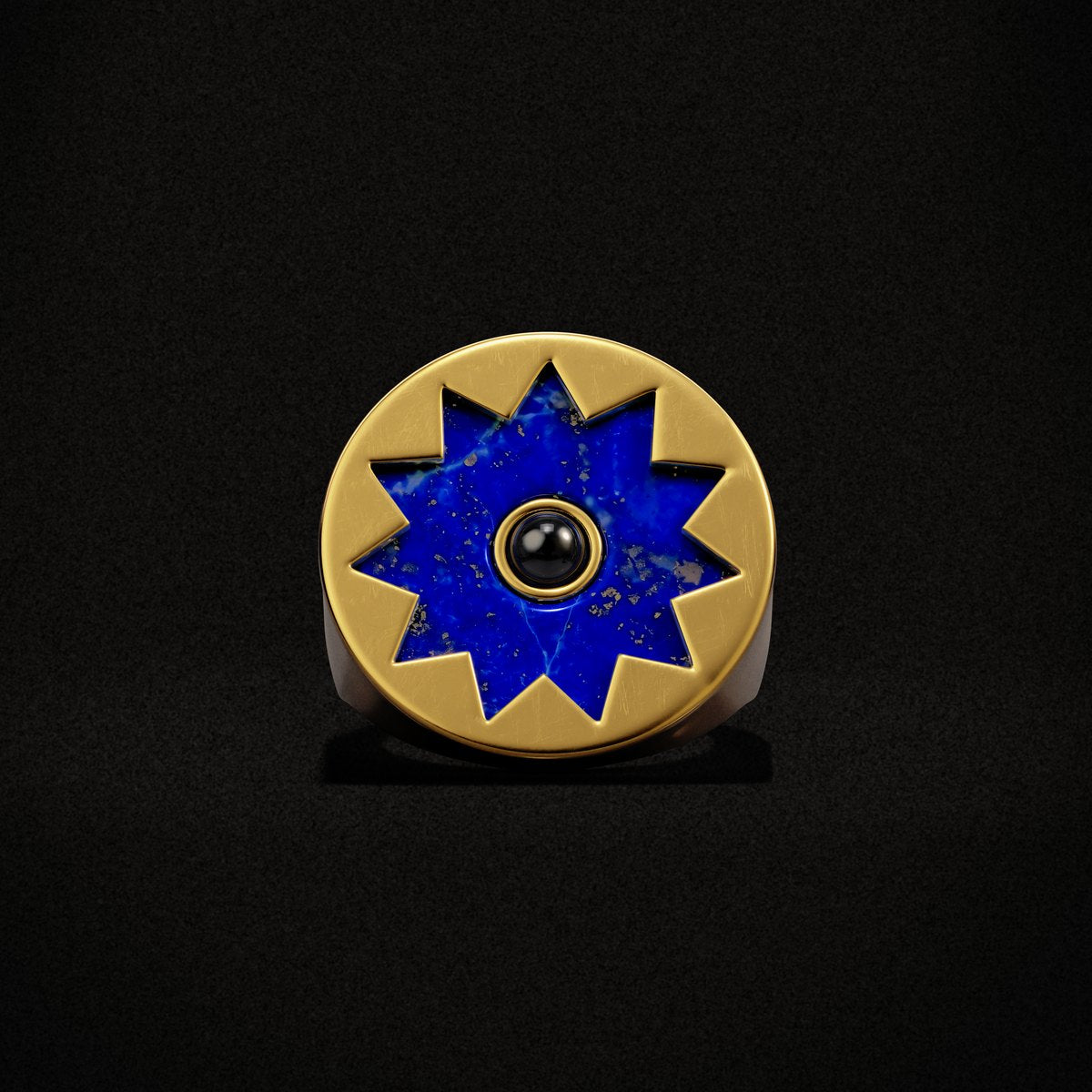 Sunburst Signet Ring, gold with blue lapis, on black