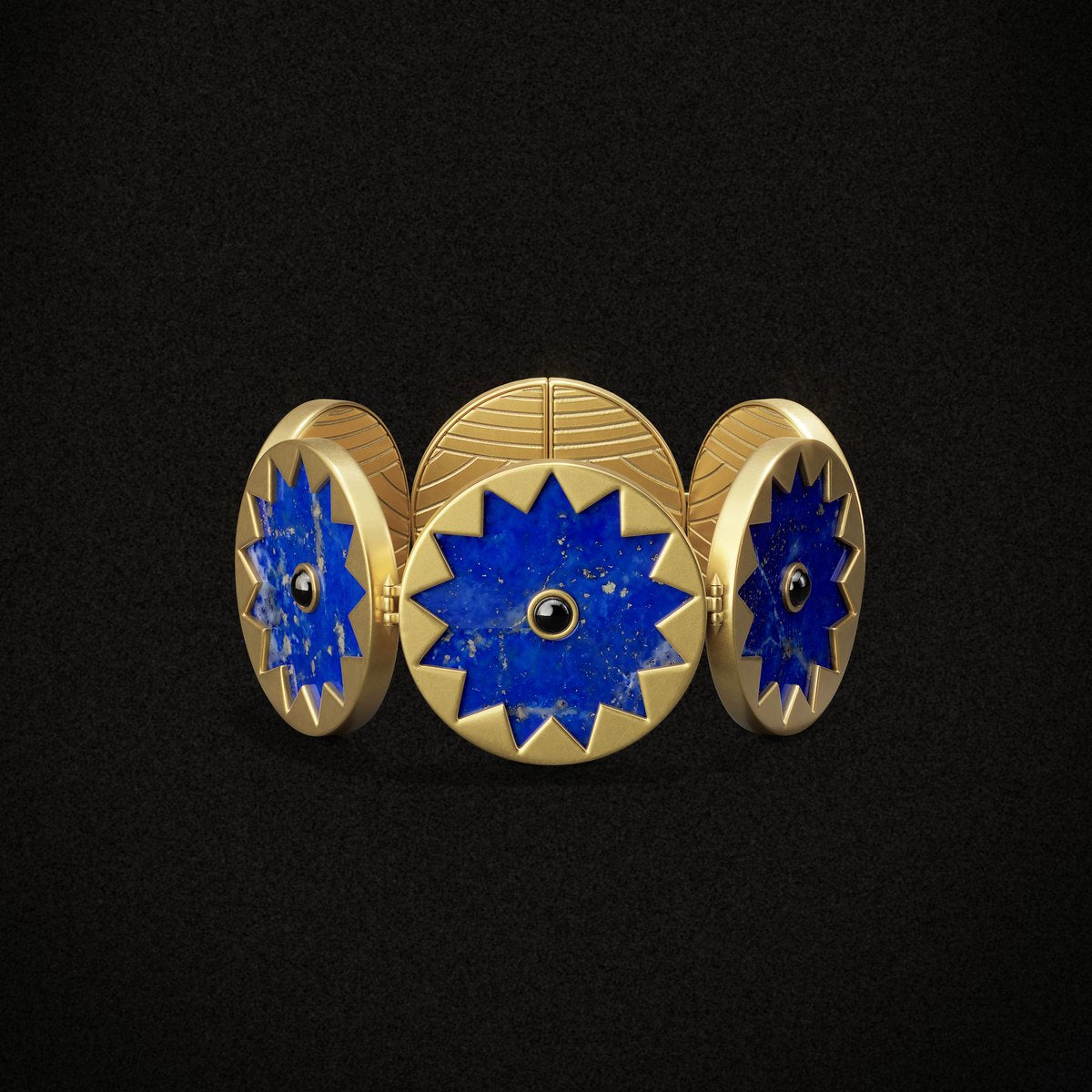 Sunburst Statement Bracelet, gold with blue lapis, on black