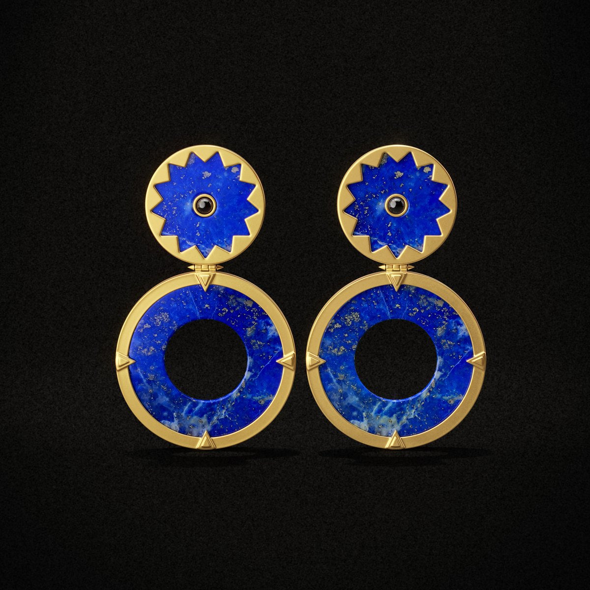 Sunburst Statement Earrings, gold with blue lapis, on black