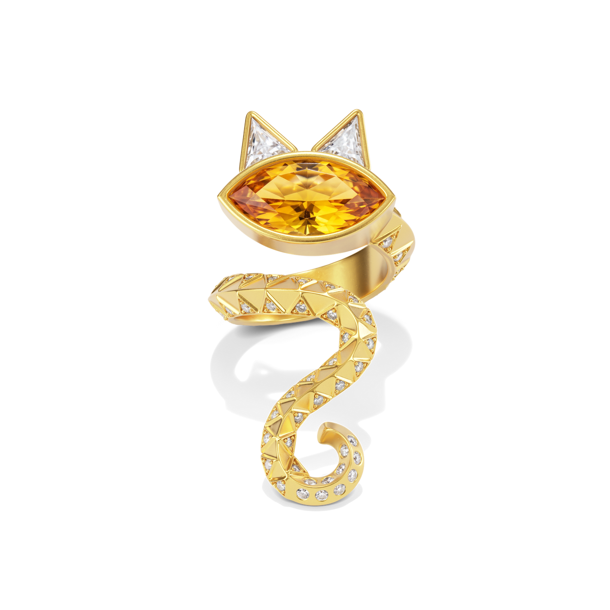 House of Harlow Tigerlily Pinky Ring in 18k gold with a marquise citrine and white diamond accents, front view