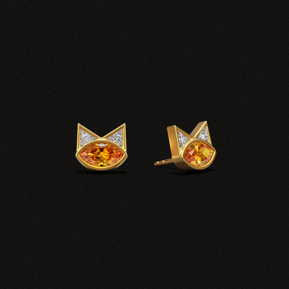 Tigerlily Stud Earrings in citrine and gold with white diamonds, three-quarter view on a black background