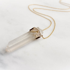 Clear Quartz Vertical Pendant  Diamond Crown Necklace